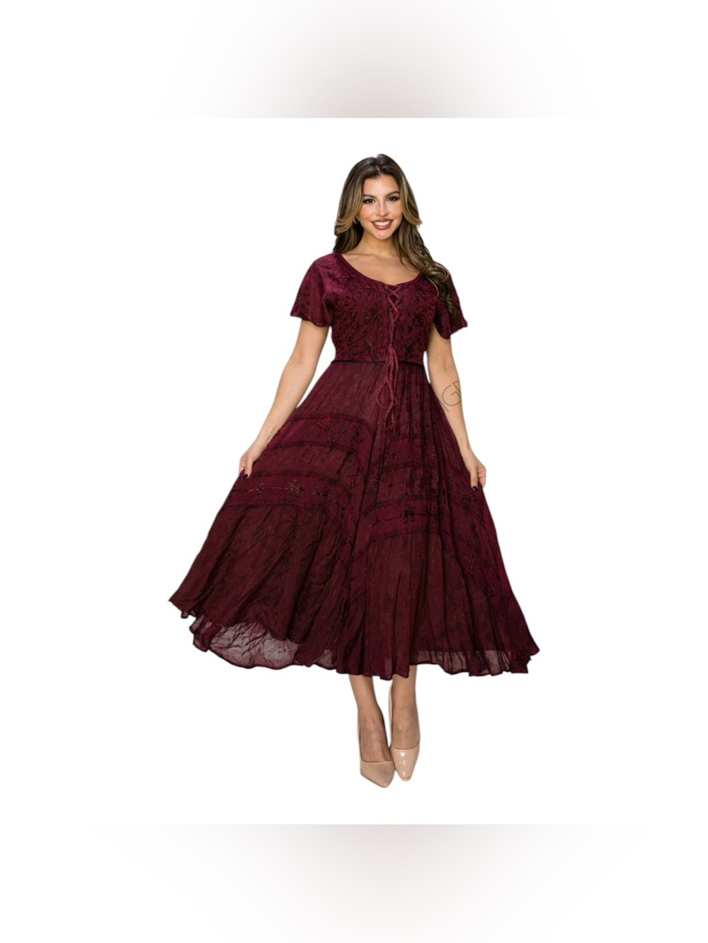 Boho Lace-Detail Tie-Waist Midi Dress Burgundy Cottagecore Peasant Whimsigoth